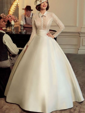 Vintage Wedding Dresses Halter Long Sleeves Satin Fabric Floor Length Lace Bride Dresses Free Customization
