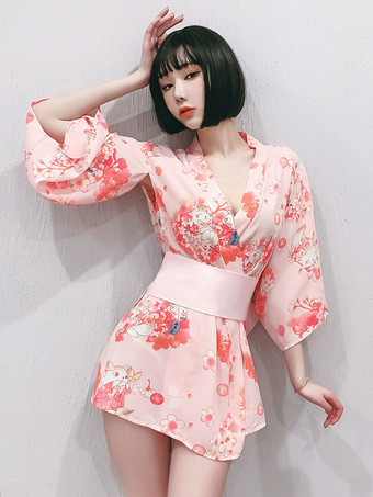 Women Sexy Kimono Pink Floral Print Costume 3-Piece Set