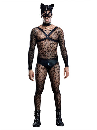 Men Sexy Costume Black 5-Piece Set Top Jumpsuit Pants Mask Cravat Sexy Night Club Wear