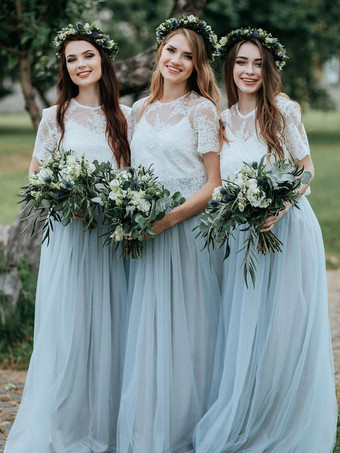 Brautjungfernkleid Blau A-Linie Jewel Neck Kurzarm bodenlanges Spitzenballkleid