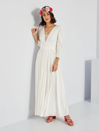 Ivory Simple Causal Wedding Dress A-Line V-Neck Long Sleeves Pleated Floor-Length Chiffon Bridal Dresses Free Customization