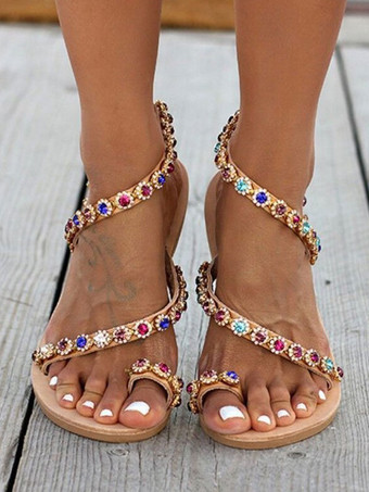 Womens Apricot Jeweled Flat Boho Wedding Sandals