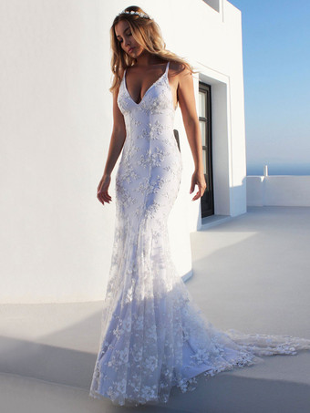 Sexy Mermaid Wedding Dress White V-Neck Backless Lace Bridal Dresses Free Customization