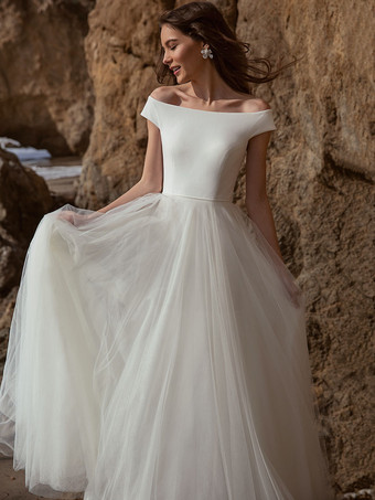 White Simple Causal Wedding Dress 2023 A-Line Bateau Neck Off-Shoulder Sleeveless line Pleated Tulle Bridal Dresses Free Customization