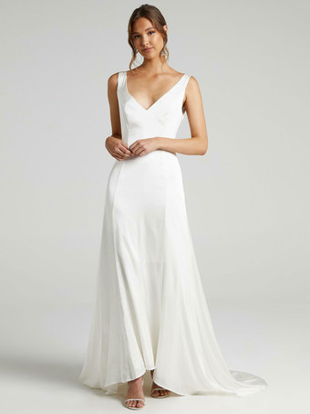 White Simple Causal Wedding Dress A-Line V-Neck Sleeveless Backless Chiffon Bridal Dresses Free Customization