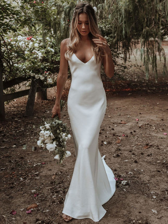 White Simple Mermaid Wedding V-Neck Sleeveless Criss-Cross Spaghetti Straps Lace-Up Backless Satin Fabric Bridal Dresses Free Customization