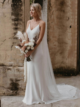 Vestido de novia causal simple blanco con vaina de tren con cuello en V correas de espagueti sin mangas vestidos de novia sin espalda