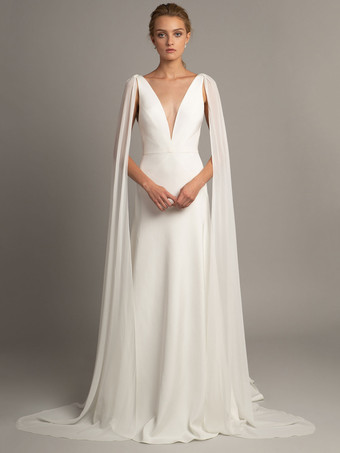 Vestido de novia blanco simple Tela de satén Cuello en V Sin mangas Volantes Una línea Vestidos de novia largos