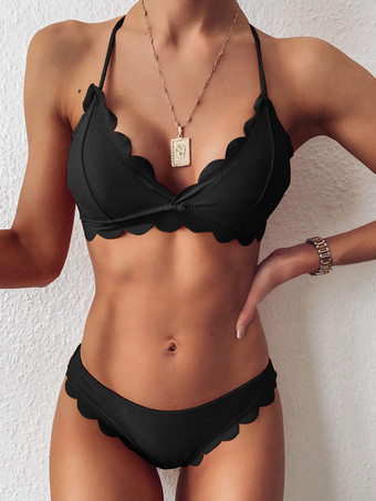 Bikini 2023 Mujer Coujuntos Brasileño Sexy Mujer Playa Ropa Bañador Correas de Ribete Negro Escote en V Sin Traje de Baño Verano