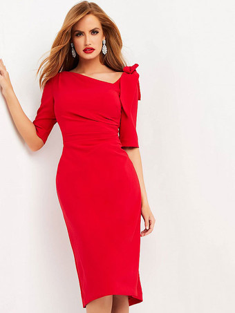 Red Party Dress For Mother Of The Bride Designed Neckline Half Sleeves Satin Sheath Bows Knee-Length Guest Dresses For Wedding Free Customization