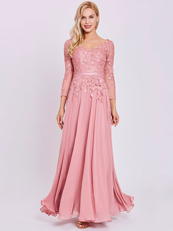 Vestido de fiesta rosa para la madre de la novia  cuello en V  mangas largas  una línea de encaje  gasa  vestidos largos para invitados de boda