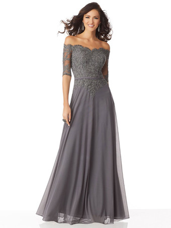 Grey Mother Dress Bateau Neck Half Sleeves A-Line Chiffon Lace Wedding Guest Dresses Free Customization