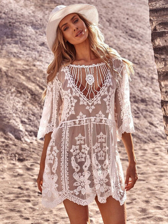 Cover Ups White Pleated Jewel Neck Half Sleeves Convertible Lace S