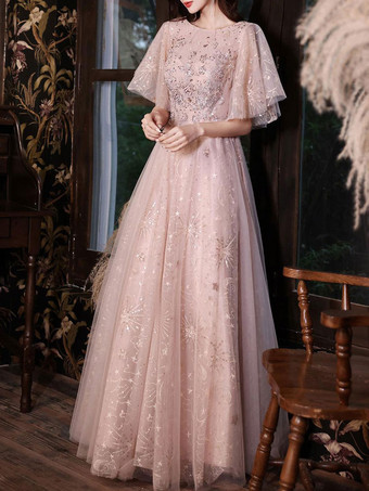 Cameo Brown Prom Dress 2023 A-Line Jewel Neck Half Sleeves Floor-Length Lace-Up Formal Dinner Dresses Wedding Guest Dresses