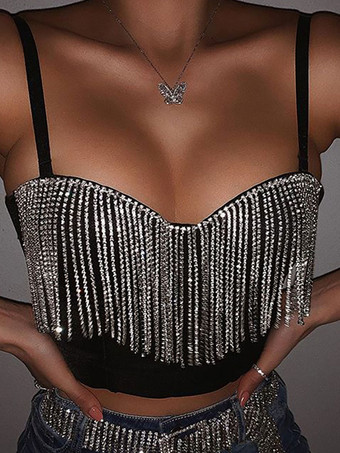 Clubwear Tops Fashion Straps Neck Tassels Sleeveless Open Shoulder Sexy Black Cami Top