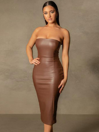 Bodycon Dress Coffee Brown Strapless Piping Open Shoulder Casual Sleeveless Pencil Wrap Dresses