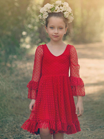 Rote Blumenmädchenkleider V-Ausschnitt Lange Ärmel Spitze Polyester Formelle Kinder Festzug Kleider