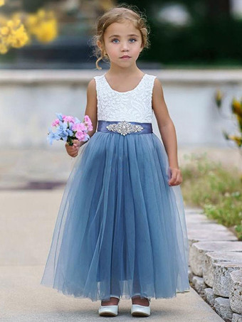 Vestidos de niña de las flores azules Vestidos de fiesta para niños con faja sin mangas con cuello joya