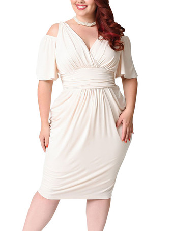 Plus Size Dress For Women V-Neck Short Sleeves White Knee Length Dress