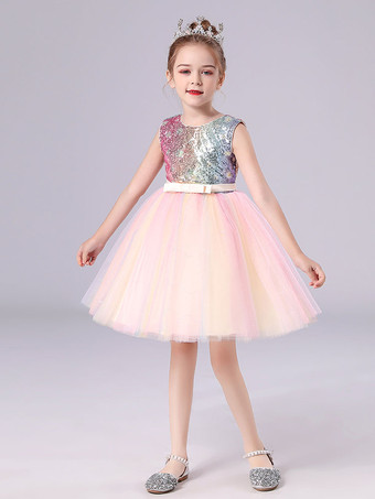 Pink Flower Girl Dresses Jewel Neck Sleeveless Knee-Length A-Line Tulle Sequins Kids Party Dresses
