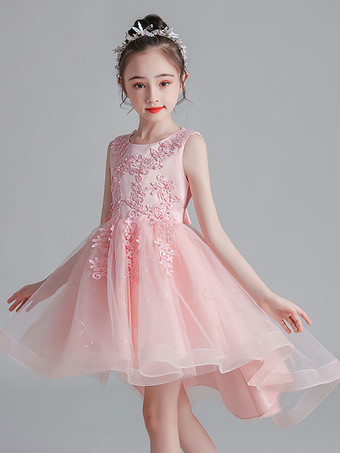 Flower Girl Dresses Pink Jewel Neck Sleeveless Lace Tulle Embroidered Kids Party Dresses