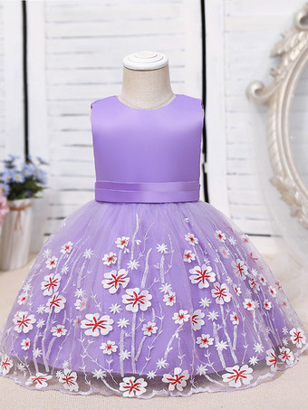 Flower Girl Dresses Purple Jewel Neck Cotton Tulle Sleeveless Knee-Length A-Line Embroidered Kids Party Dresses