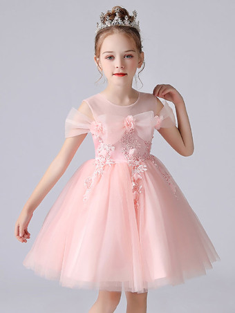 Light Pink Flower Girl Dresses Jewel Neck Short Sleeves Knee-Length A-Line Flowers Kids Party Dresses