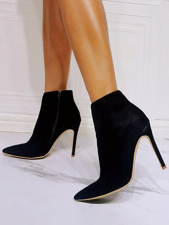 Women Boots Micro Suede Upper Black Pointed Toe Stiletto Heel Booties