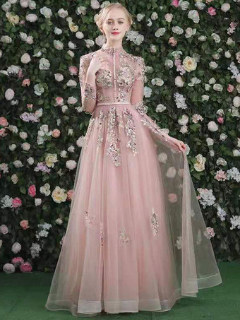 Prom Dress 2023 Pink High Collar Soft Tulle Lace A-Line Long Sleeves Lace-Up Beaded Party Dresses