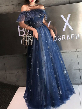 Prom Dress 2023 Navy Blue Short Sleeves A-Line Off The Shoulder Floor Length Lace-Up Ruffles Party Dresses Free Customization