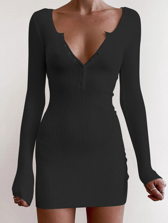 Women Sweater Dresses White V Neck Casual Bodycon Dresses Long Sleeves Knitted Pencil Dress