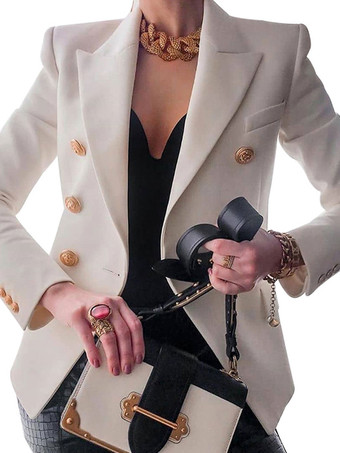 Women Casual Blazer White Turndown Collar Long Sleeves Buttons Short Blazers Cozy Active Outerwear