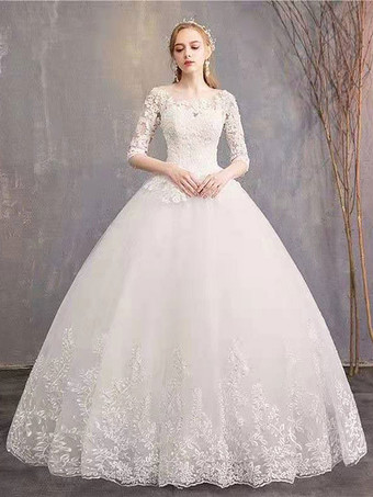 Ecru White Cheap Princess Ball Gown Wedding Dresses 2023 Jewel Neck Half-Sleeve Tulle Lace Up Floor Length Bride Dresses 
