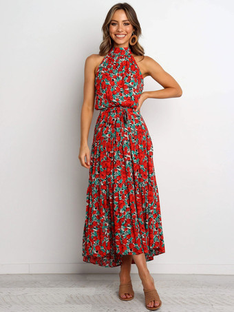 Maxi Dresses Sleeveless Red Floral Printed Crewneck Bows Open Shoulder Cotton Long Dress