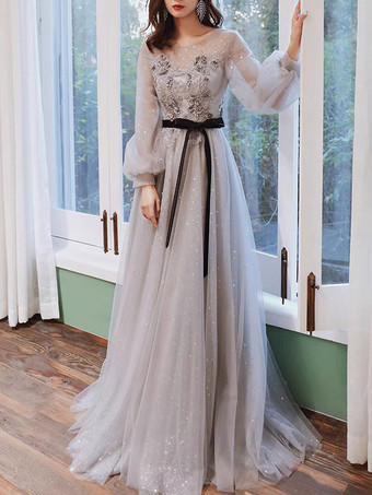 Prom Dress 2023 Light Gray Jewel Neck Ball Gown Long Sleeves Sash Tulle Lace-Up Pageant Dresses
