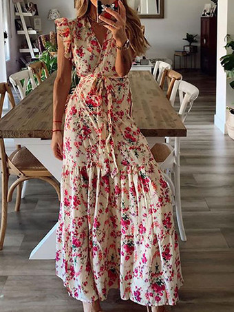 Women Long Dress V-Neck Sleeveless Lace Up Pleated Ruffles Floral Print Stretch Maxi Dress