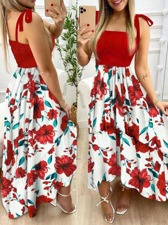 Women Maxi Dress Floral Print Pattern Red Straps Neck Sleeveless Lace Up Casual Maxi Dress