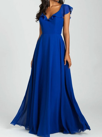 Bridesmaid Dresses Royal Blue A-Line Floor-Length Backless Chiffon Wedding Party Dress Free Customization