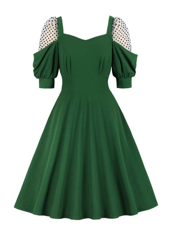 Vestido retro estilo Audrey Hepburn de la década de 1950 Escote corazón Medias mangas Lunares medianos Vestido oscilante verde