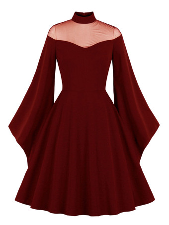 1950s Audrey Hepburn Style Vintage Dress Burgundy Layered Long Sleeves High Collar Rockabilly Dress