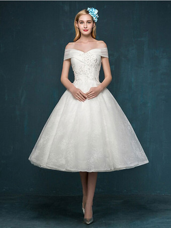 Ecru White Short Wedding Dresses 2023 Off-The-Shoulder Sleeveless Princess Silhouette Knee-Length Bridal Dress 