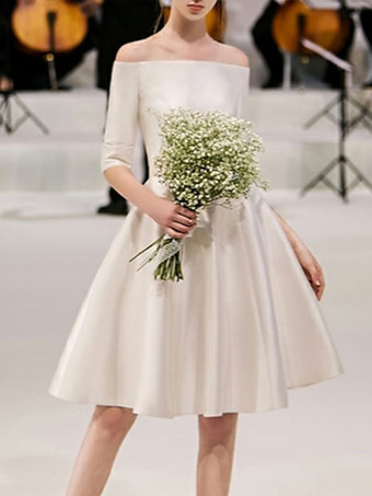 Ecru White Short Wedding Dresses 2023 Off-The-Shoulder Half Sleeves A-Line Satin Fabric Knee Length Bridal Gowns 