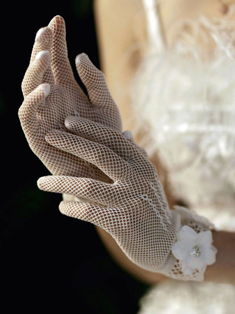 Elfenbein Hochzeitshandschuhe Handgelenkslange Handschuhe Netzblumen Brauthandschuhe