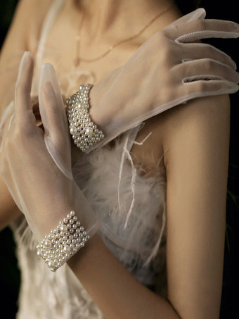 Ivory Wedding Gloves Wrist Length Gloves Tulle Pearls Bridal Gloves