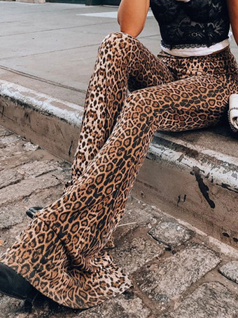 Women Flared Pants Leopard Print Pattern Cotton High Rise Waist Trousers