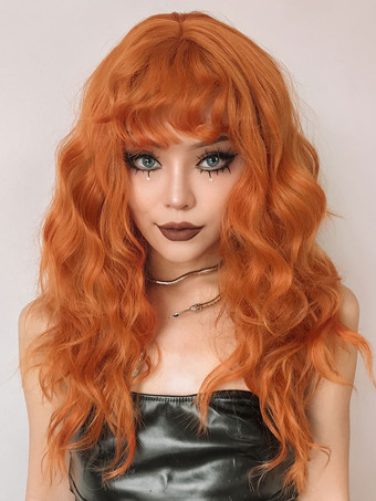 Women Long Wig Orange Curly Heat Resistant Fiber Tousled Long Synthetic Wigs