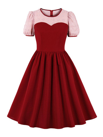 Vestido retro estilo Audrey Hepburn de la década de 1950 Vestido rojo de manga corta con encaje en dos tonos y cuello joya Vestido rojo con vuelo