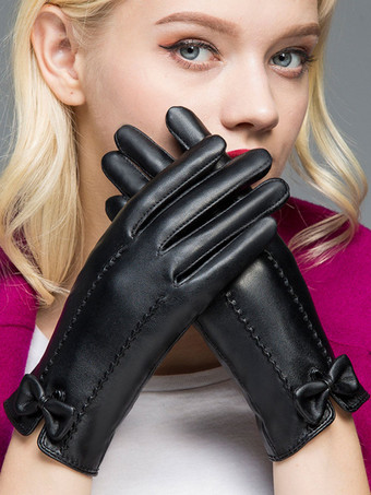 Gloves For Women Bows Winter Black Pu Leather Gloves