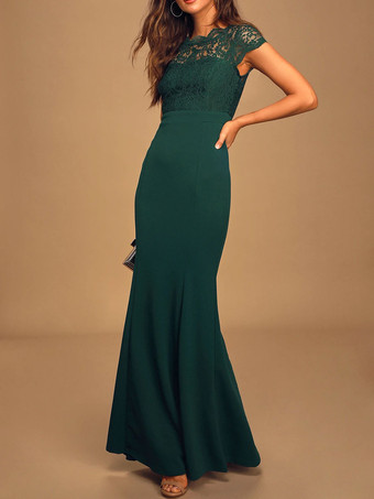 Deep Green Bridesmaid Dress Jewel Neck Short Sleeves Zipper Lace Floor Length Bridesmaid Gowns Free Customization