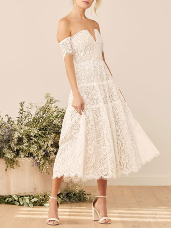 White Engagement Dress 2023 Off The Shoulder Sleeveless Backless Lace Tea Length Honeymoon Dress Free Customization